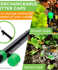 12 Pack Drip Irrigation Emitters For One Quarter Inch Tubing 360 Degree Adjustable Flow Includes Barbed Couplings And Extra Sprinkler Heads Easy Clip On Irrigation Kit For Garden Systems showing interchangeable emitter caps.