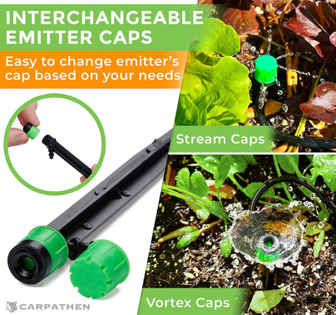 12 Pack Drip Irrigation Emitters For One Quarter Inch Tubing 360 Degree Adjustable Flow Includes Barbed Couplings And Extra Sprinkler Heads Easy Clip On Irrigation Kit For Garden Systems showing interchangeable emitter caps.