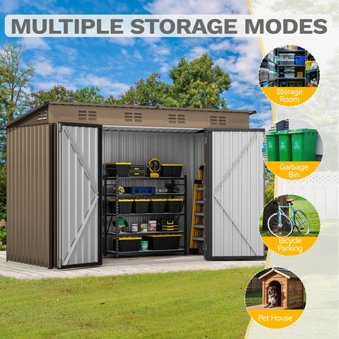 9x4ft Large Outdoor Storage Shed Metal Tool Shed For Backyard Patio Lawn With Lockable Doors open showing organized storage