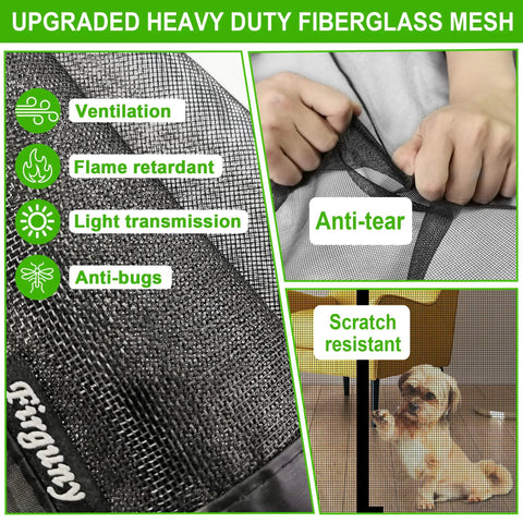 Heavy Duty Magnetic Screen Door for 32x80 Openings Fits 34x81 Screen, showcasing anti-tear fiberglass mesh and dog behind screen.