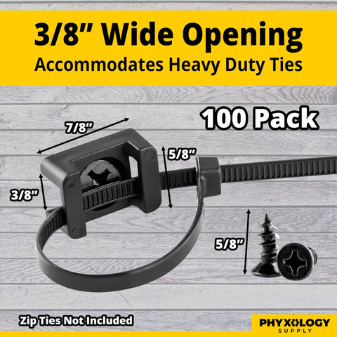 Slim 0.6 Inch Cable Tie Mounts With Screws 100 Pack Black Boss Level Heavy Duty Zip Tie Bases for wire management display.