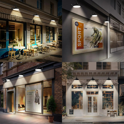 Outdoor Gooseneck Barn Light Satin Black with 14.5 Inch Extension Arm illuminating storefronts and awnings at night