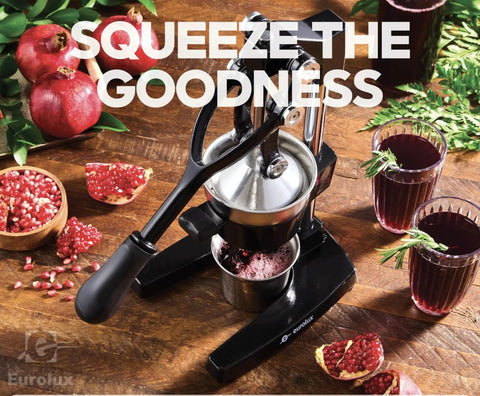 Extra Large Cast Iron Juicer Hand Press Citrus Squeezer for fresh orange pomegranate lemon juice, heavy-duty black cast iron, on table