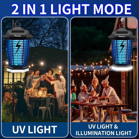 Outdoor Bug Zapper With LED Light 5600V Electric Fly Killer illuminating patio with people dining at night