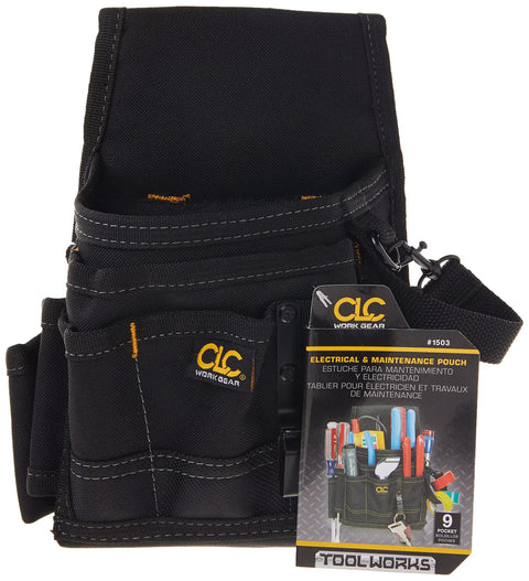 Tough Black 9 Pocket Electrical Maintenance Pouch With Belt Clip And Belt Loop Detachable Tape Sling And Heavy Duty Clip On Back For Contractors For Pros, 600D polyester