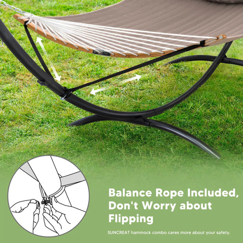 Sturdy Standing Hammock With Foldable Steel Stand For Patio Or Deck, Portable 2-3 Person Hammock That Holds Up To 475 Lb, Weatherproof Frame, Easy Assembly, Brown with balance rope for stability.