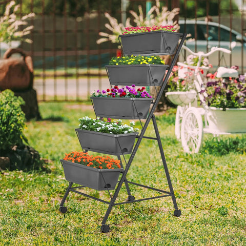Five Tier Raised Garden Bed Uber Sturdy With Vertical Planter Stand Tall Outdoor Garden Box With Drainage Holes Removable Tray