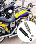 Heavy Duty Stainless Steel Extended Seat Bolts For Harley Davidson Touring Models shown with bikes, detail of knurled handles and rubber washers.