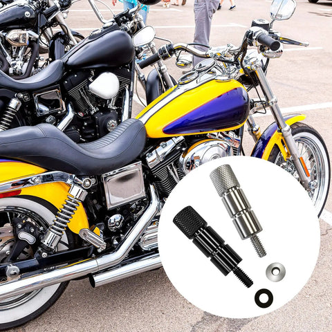Heavy Duty Stainless Steel Extended Seat Bolts For Harley Davidson Touring Models shown with bikes, detail of knurled handles and rubber washers.