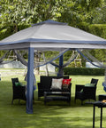 11x11 Pop Up Canopy Tent With Netting And Carry Bag, Easy Setup Outdoor Gazebo For Backyard setup with furniture