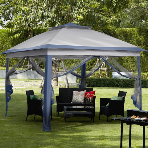 11x11 Pop Up Canopy Tent With Netting And Carry Bag, Easy Setup Outdoor Gazebo For Backyard setup with furniture