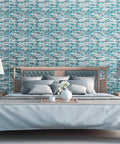 Bedroom featuring teal mosaic wall, bed with blue bedding, and decor. Easy Install 3D Peel And Stick Kitchen Backsplash Tiles Gray Pack Of 6 visible.