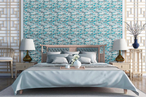 Bedroom featuring teal mosaic wall, bed with blue bedding, and decor. Easy Install 3D Peel And Stick Kitchen Backsplash Tiles Gray Pack Of 6 visible.