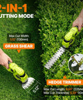 Two In One Cordless Hedge Trimmer And Grass Shears for quick yard jobs showing 8.9 inch blade and 5.1 inch shears cutting grass and hedge