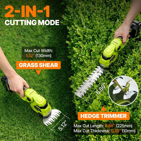 Two In One Cordless Hedge Trimmer And Grass Shears for quick yard jobs showing 8.9 inch blade and 5.1 inch shears cutting grass and hedge