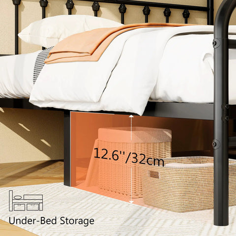 Queen Size Metal Bed Frame With Chic Victorian Headboard And Footboard Built Tough Like A Tank Skip The Box Spring Hassle Free Setup Plenty Of Under Bed Storage Black showcasing under-bed storage space with baskets.