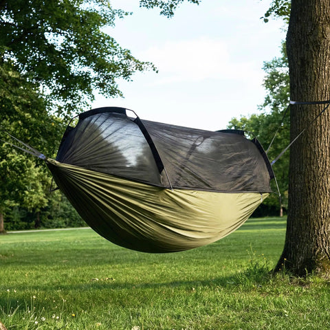 Heavy Duty Camping Hammock With Mosquito Net, 500 Lb Capacity, Portable Nylon Hanging Hammock set up between two trees