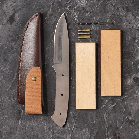 Knife Making Kit For DIY Dudes Includes Shawnee Skinner Blade, Maple Handle, Leather Sheath, Brass Bolsters, Drill Bits