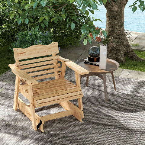 Outdoor Fir Wood Glider Chair With Hidden Rotatable Cup Holder And Curved Seat For Porch Patio And Backyard Natural