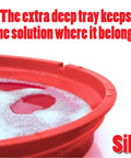 Close-up of red collapsible silicone saw blade cleaning tray filled with solution. Collapsible Silicone Saw Blade Cleaning Tray For Holding Cleaning Solution Ideal For Table Saw Circular Saw Miter Saw And Contractor Blades Up To 12 Inches In Diameter Great For Woodworking Maintenance And Quick Cleanup.