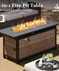 Swivel Glide Patio Furniture Set With 56 Inch Fire Pit Table shown with flames, wicker design, on a patio with beige cushions.