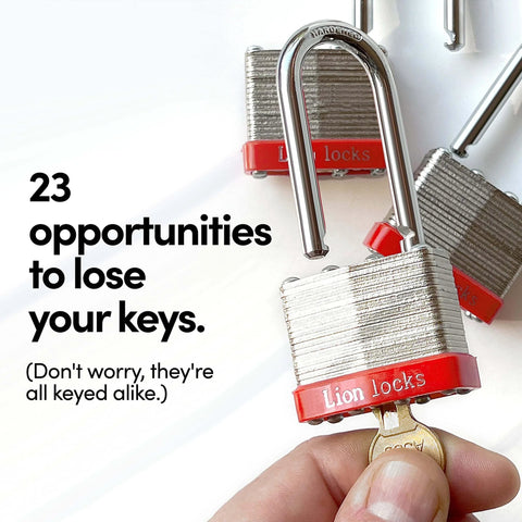 Keyed Alike 12 Pack Padlocks with 2 Inch Shackle 24 Keys Included for Outdoor and Indoor Use, close-up view of lock and key.