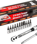 Gear Up Bike Torque Wrench Set 1/4 Inch Drive With Hex And Torx Bits 2-20 Nm Click Wrench displayed with bits and case