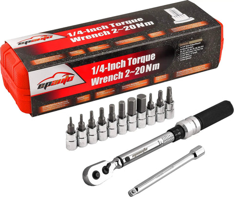 Gear Up Bike Torque Wrench Set 1/4 Inch Drive With Hex And Torx Bits 2-20 Nm Click Wrench displayed with bits and case