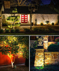 Night view of All In One Low Voltage Landscape Lighting Kit With 60W Transformer, Eight 6W Anti Glare Spotlight Heads, 100 Ft Landscape Wire
