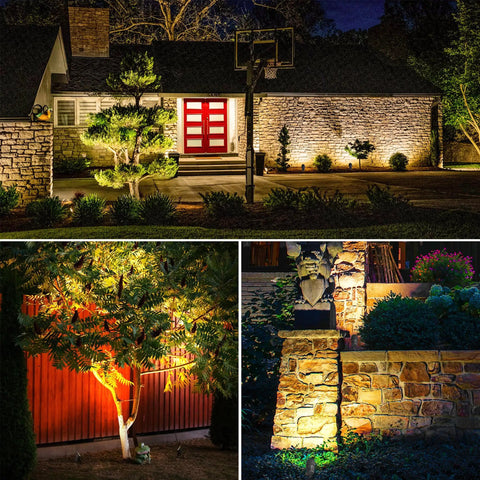 Night view of All In One Low Voltage Landscape Lighting Kit With 60W Transformer, Eight 6W Anti Glare Spotlight Heads, 100 Ft Landscape Wire