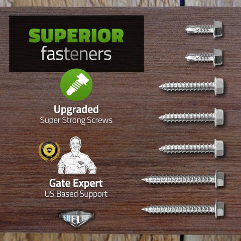 Assorted upgraded super strong screws on wood panel with 'Superior Fasteners' label and US based support badge