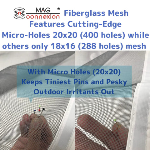 Magnetic Fiberglass Door Screen with 20x20 mesh holes, demonstrating ability to keep bugs out, 72x80 inch fit for patio doors.