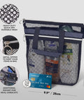 Mesh Shower Bag On The Go With Quick Dry Caddy, black zippered tote with two pockets, displaying toiletries and credit card.