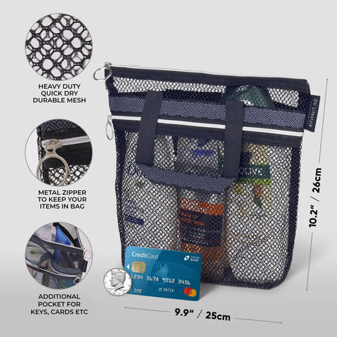 Mesh Shower Bag On The Go With Quick Dry Caddy, black zippered tote with two pockets, displaying toiletries and credit card.
