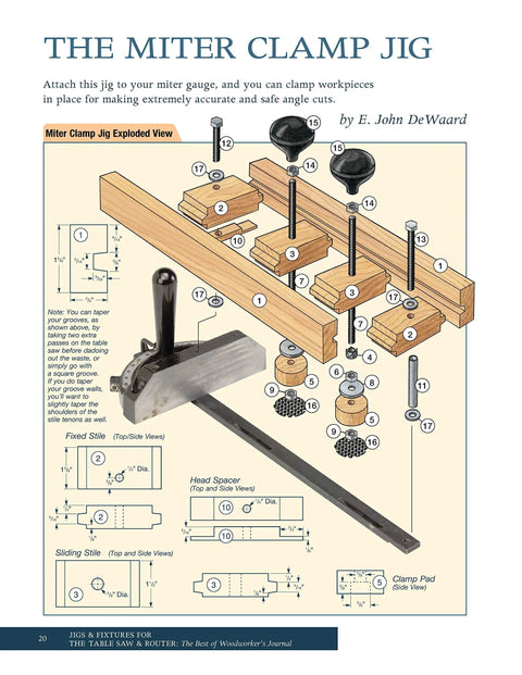 Jigs and Fixtures for the Table Saw and Router: 26 Innovative Designs to Maximize Your Tools, Speed Up Projects, and Level Up Your Woodworking Game for Pro Grade Results. Miter clamp jig exploded drawing