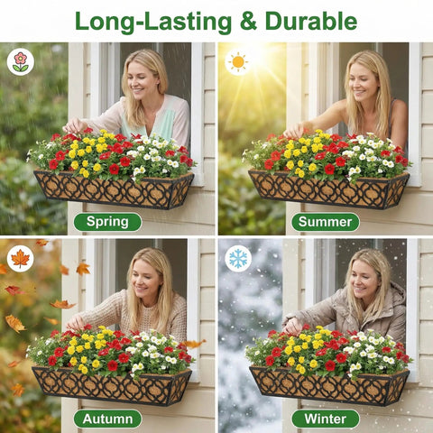 Adjustable Deck Railing Planter Boxes For Balcony Gardens Fits Railings From 2.1 To 6.3 Inches shown in four seasons