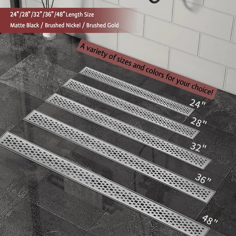 Heavy Duty Linear Shower Drain In Brushed Nickel With No Sweat Fast Flow Design And Sleek Modern Finish Perfect For Bathrooms Garages And Kitchens Featuring Top Notch Water Evacuation And Easy Cleanup, shown in multiple sizes on a tiled surface.