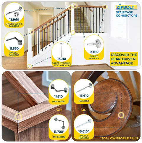 No Sweat Ultra Slim Miter Connector For Knockout Wood Joints Easy One Hand Install Slick Grip for furniture handrails in staircase.
