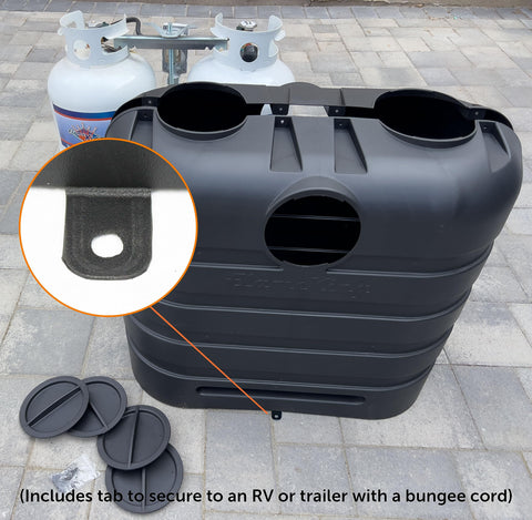 Dual 30Lb LP Propane Tank Cover For RVs And Travel Trailers Heavy Duty Black Plastic With Side Regulator Access Port And Individual Top Hatches Fits Two Tanks Easy Access For Camper And Recreational Vehicle