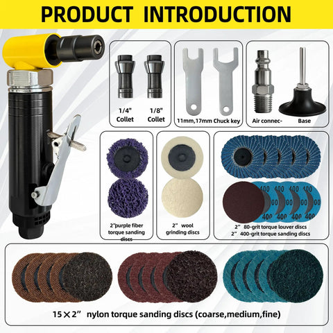 Heavy Duty Pneumatic Die Grinder Kit, 90 Degree Right Angle Build, Knuckle Buster Engineered At 25000 Rpm parts, sanding discs and attachments.