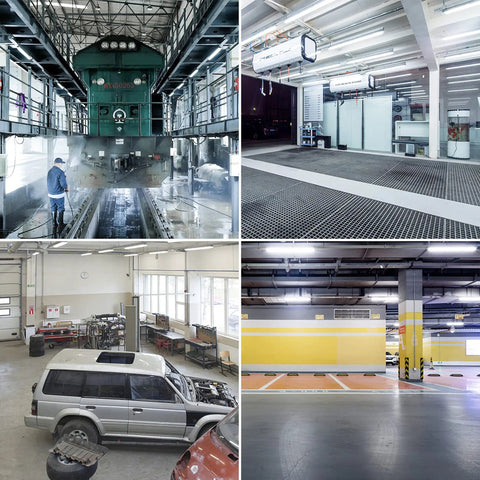 Eight Foot LED Vapor Tight Shop Light 100W 12000LM IP65 Waterproof installed in car wash garage and workshop environments