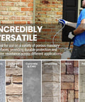 Person applying Hardcore Water Based Brick And Concrete Sealer Satin Low Gloss Finish 2 Point 5 Gallon on masonry wall.