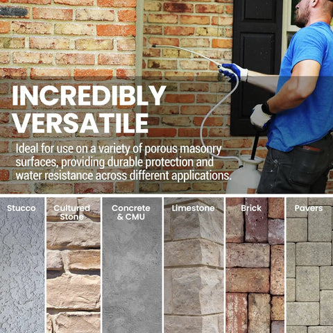 Person applying Hardcore Water Based Brick And Concrete Sealer Satin Low Gloss Finish 2 Point 5 Gallon on masonry wall.