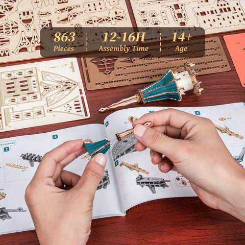 3D Wooden Puzzle Steam Castle Model With Floating Baroque Design For Steampunk Lovers, DIY kit parts and instructions