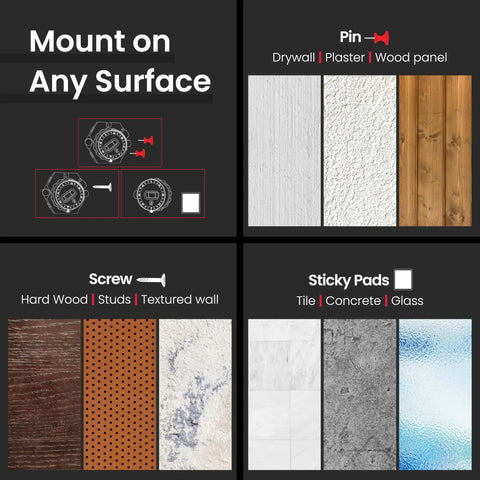 Mounting options for Multi Surface Laser Level With Wall Mount And Pins Or Sticky Pads on different surfaces like wood and tile.