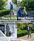 Heavy Duty Brushless Motor Turbo Leaf Blower Knocking Out Yard Leaves And Dust With 515 Cfm Airflow And 130 Mph Winds Slick Cordless 24 Volt Electric Handheld Blower For No Sweat Driveway Patio Cleanup Tool Only in action on various surfaces.