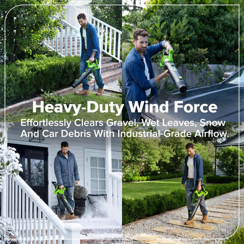 Heavy Duty Brushless Motor Turbo Leaf Blower Knocking Out Yard Leaves And Dust With 515 Cfm Airflow And 130 Mph Winds Slick Cordless 24 Volt Electric Handheld Blower For No Sweat Driveway Patio Cleanup Tool Only in action on various surfaces.