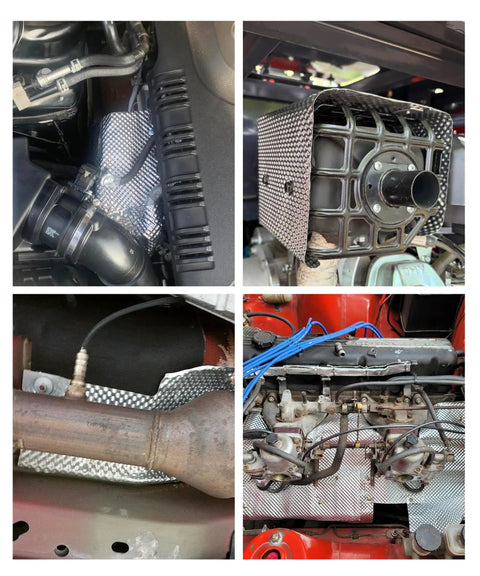 Built Tough Automotive Exhaust Heat Shield Crafted From Rugged Aluminum Thermal Barrier for mufflers and fuel tanks images showing installation details.