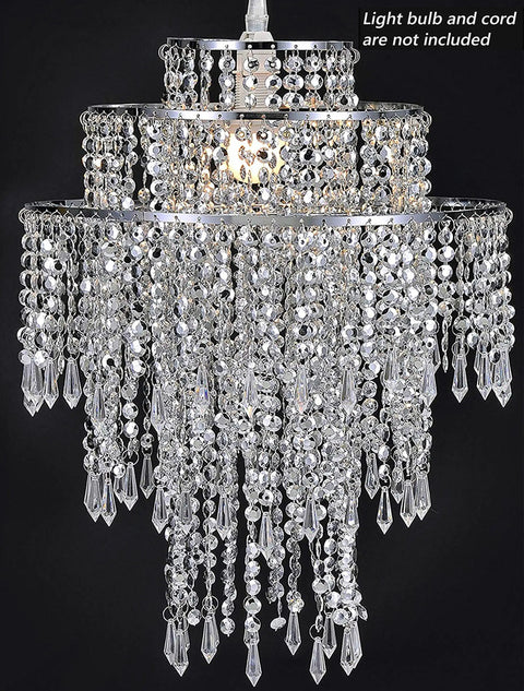 Large Three Tier Beaded Chandelier Lampshade With Sparkling Silver Beads And Acrylic Droplets, Chrome Frame, Ceiling Pendant Light Shade