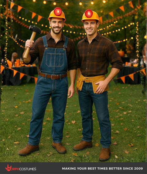 Two men wearing Yellow Hard Hat With Light For Construction Cosplay in a garden with Halloween decor.